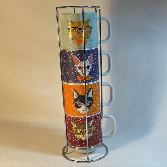 Stacking kitty cat Swifty mugs in stainless steel mug holder - Picture 3 of 16